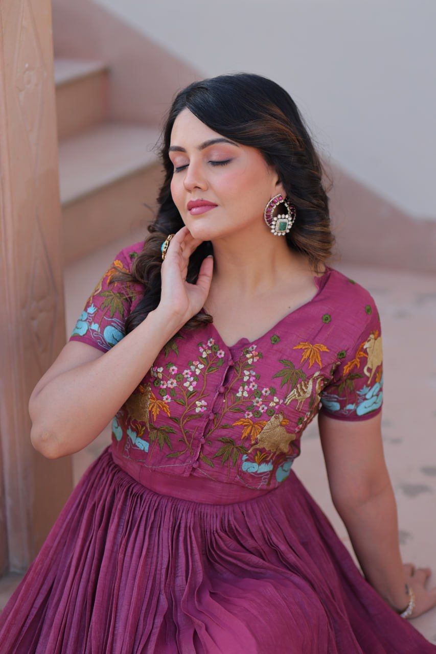 Pink Silver Crunchy Fabric Fancy Round Neck Work Gown With Koti
