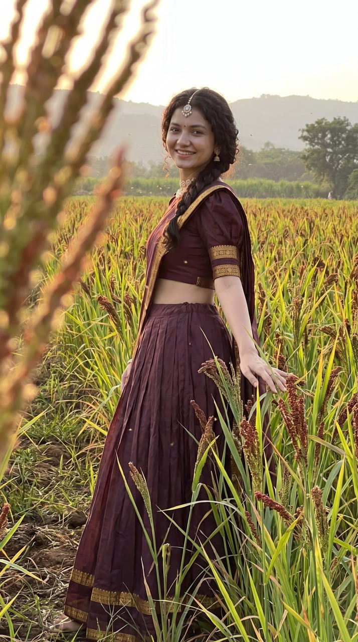 Dark Plum Wine Kanci Cotton Silk Zari Weaving Work South Indian Half Saree Langa Voni Set