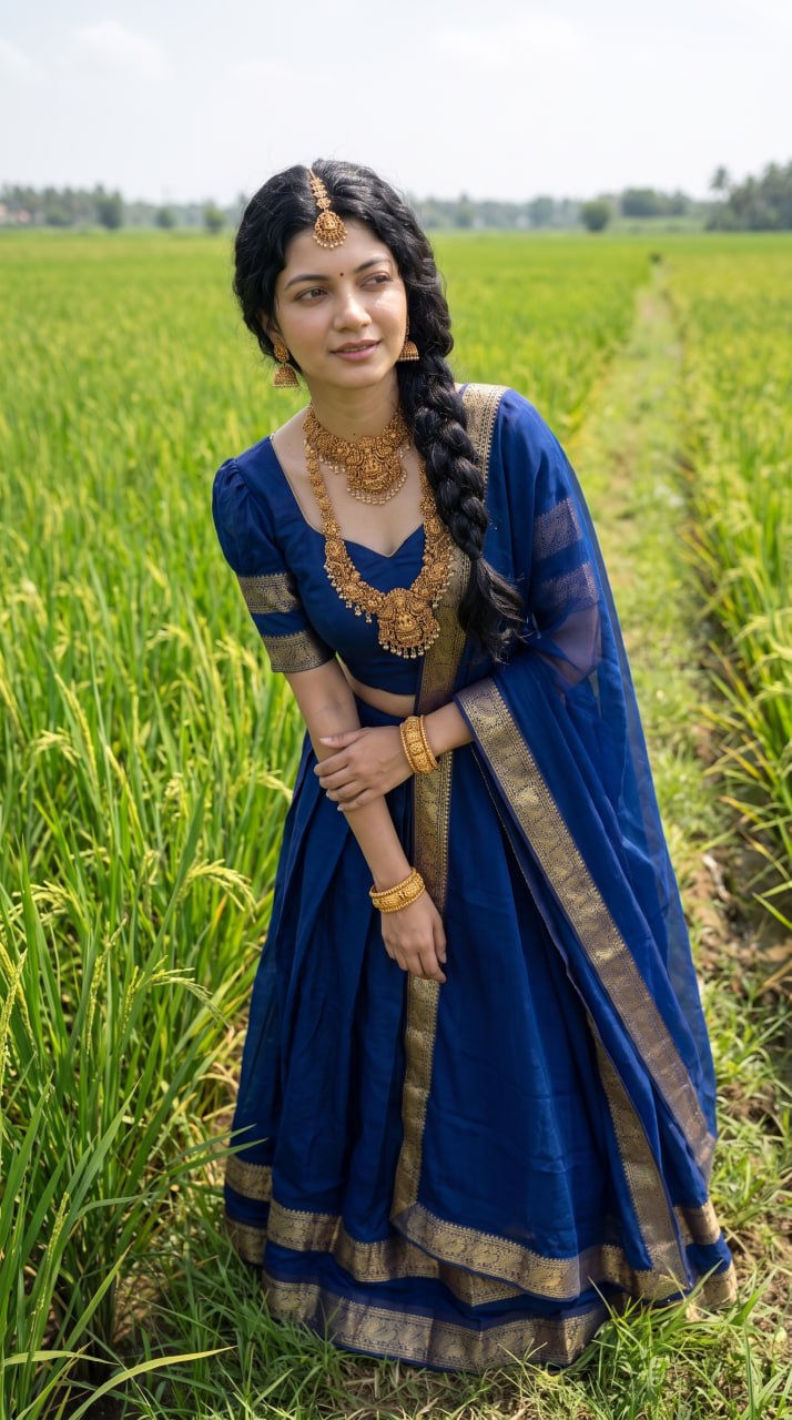 Monochrome Royal Navy Blue Kanci Cotton Silk Zari Weaving Work South Indian Half Saree Langa Voni Se