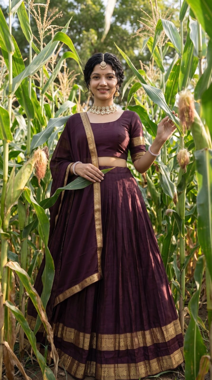 Monochrome Deep Wine Kanci Cotton Silk Zari Weaving Work South Indian Half Saree Langa Voni Set