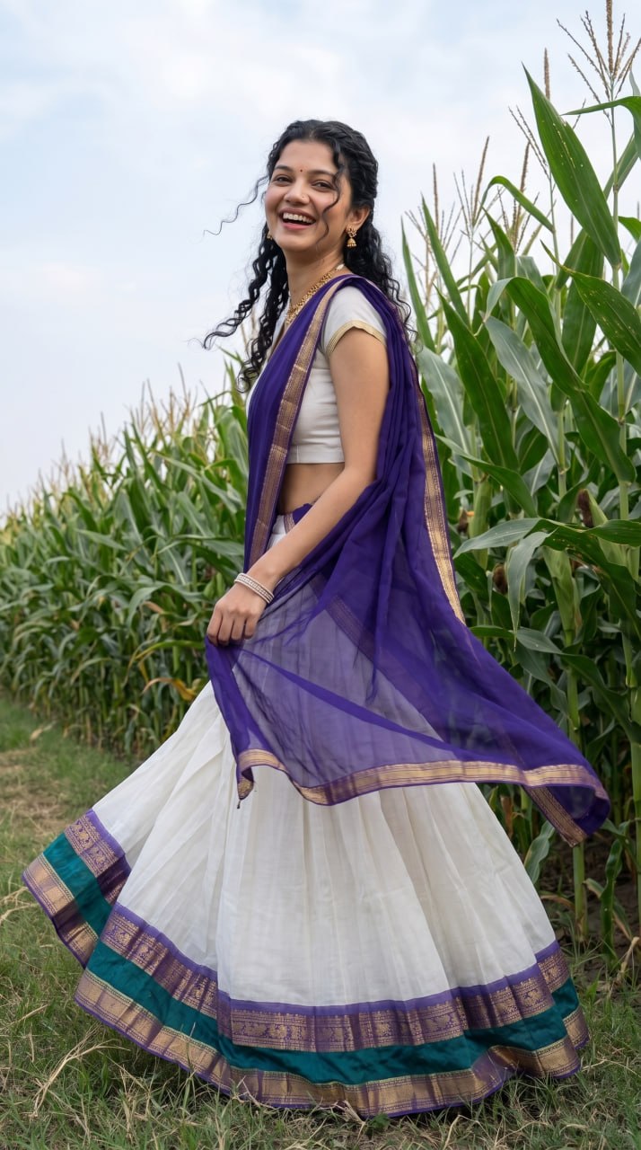 Off-White, Royal Indigo Blue & Peacock Green Mul Cotton Zari Weaving Work South Indian Half Saree Langa Voni Set