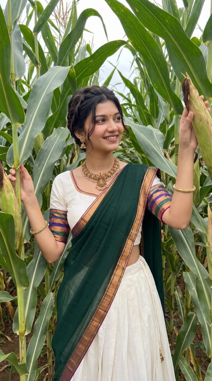 Off-White & Dark Bottle Green Mul Cotton Zari Weaving Work South Indian Half Saree Langa Voni Se