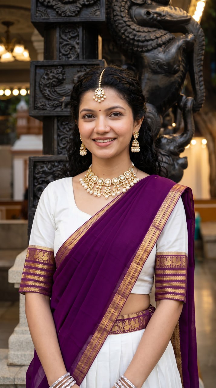 Off-White & Deep Plum Purple Mul Cotton Zari Weaving Work South Indian Half Saree Langa Voni Se