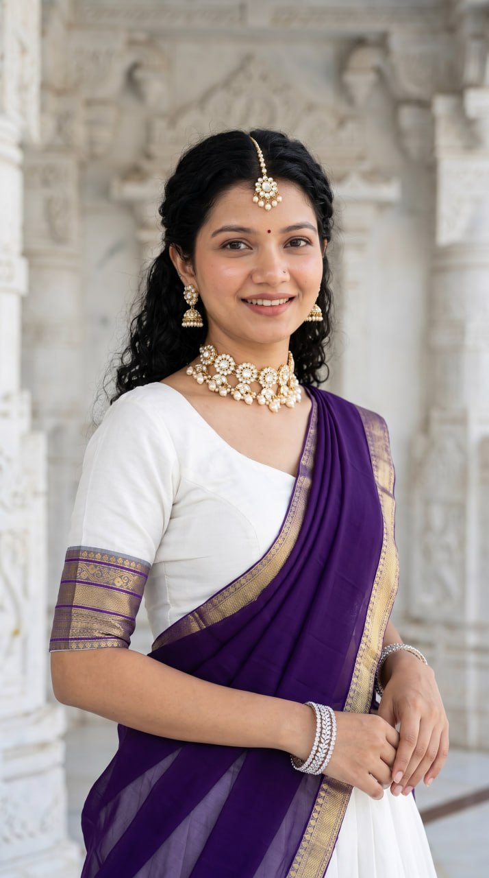 Off-White & Deep Purple Mul Cotton Zari Weaving Work South Indian Half Saree Langa Voni Set