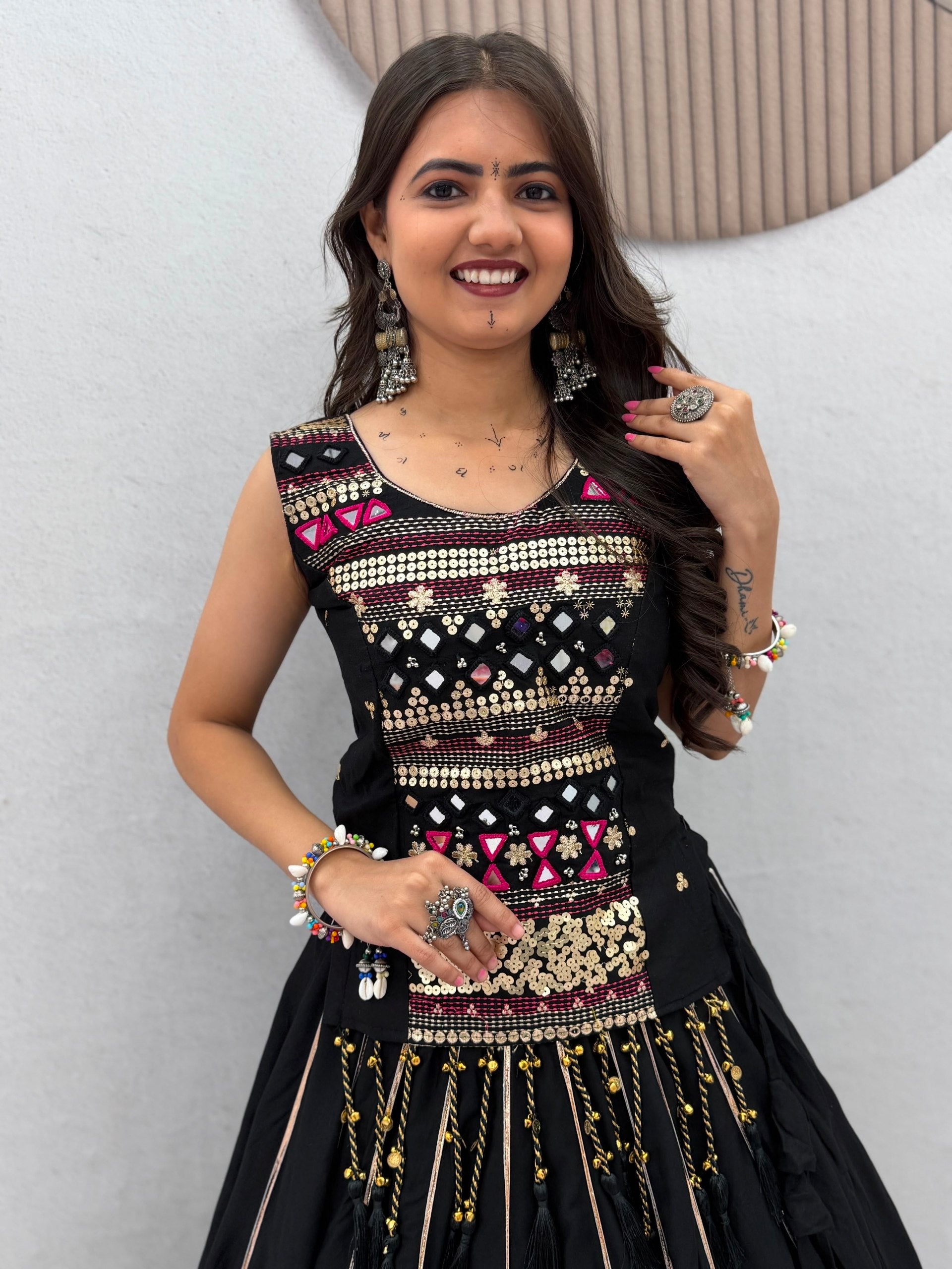 Black Pure Cotton Mirror Hand Work & Ribbon Work Navratri Chaniya Choli Set