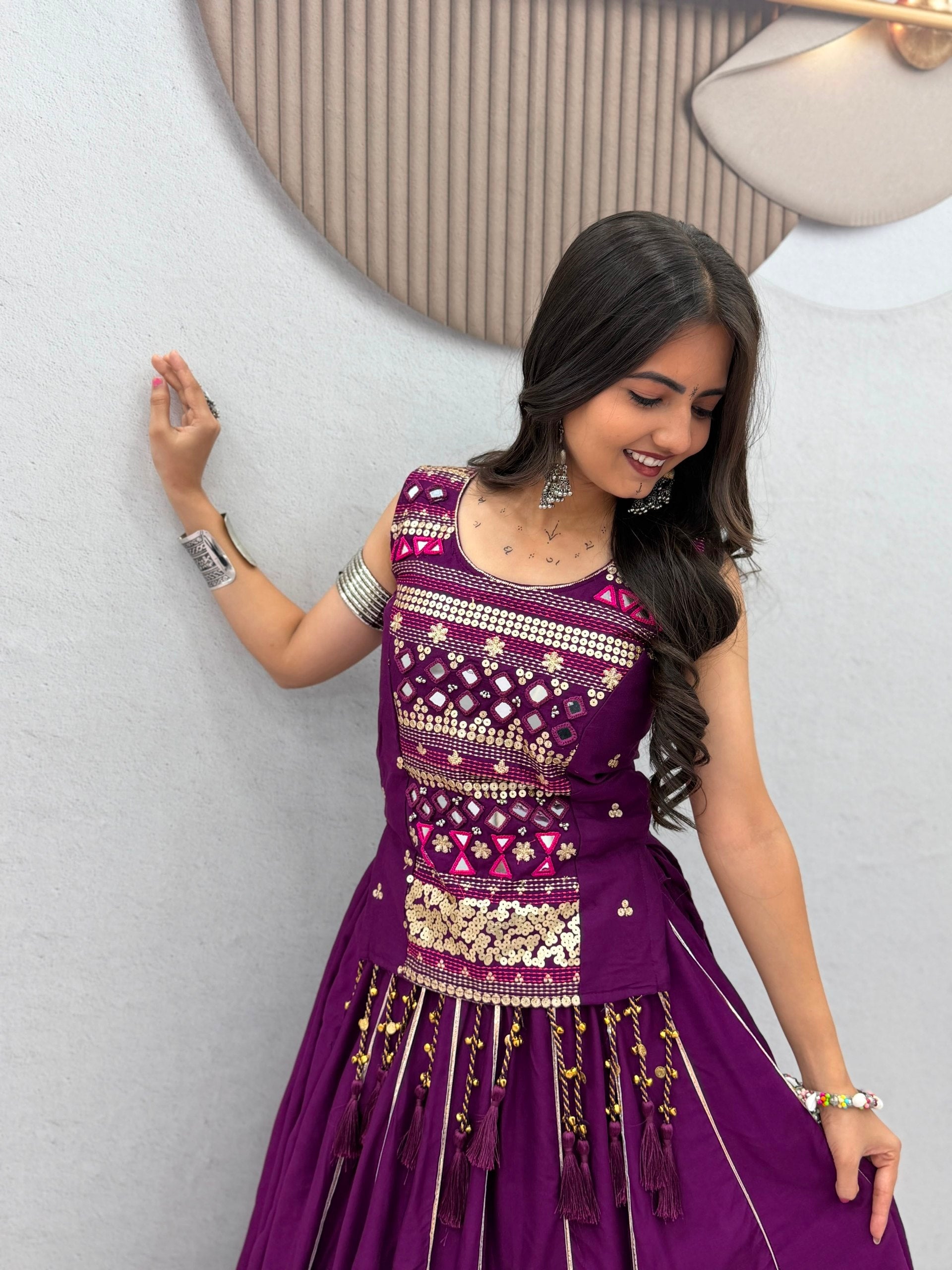 Purple Pure Cotton Mirror Hand Work & Ribbon Work Navratri Chaniya Choli Set