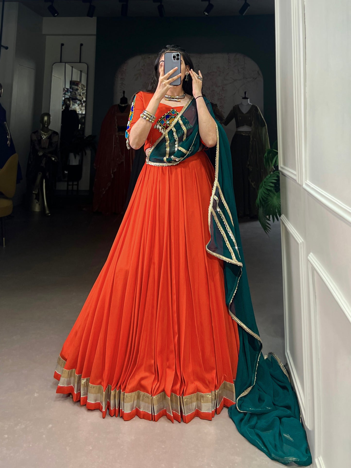 Orange Pure Rayon Embossed Design Lace Touch Up Navratri Lehenga Choli