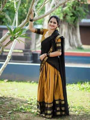 Mustard Yellow Kanjivaram Silk Half Saree with Gold Zari Weaving by The Beauty Queen Surat