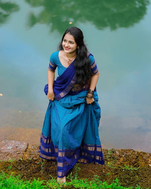 Royal Blue Kanjivaram Silk Half Saree with Gold Zari Weaving by The Beauty Queen Surat