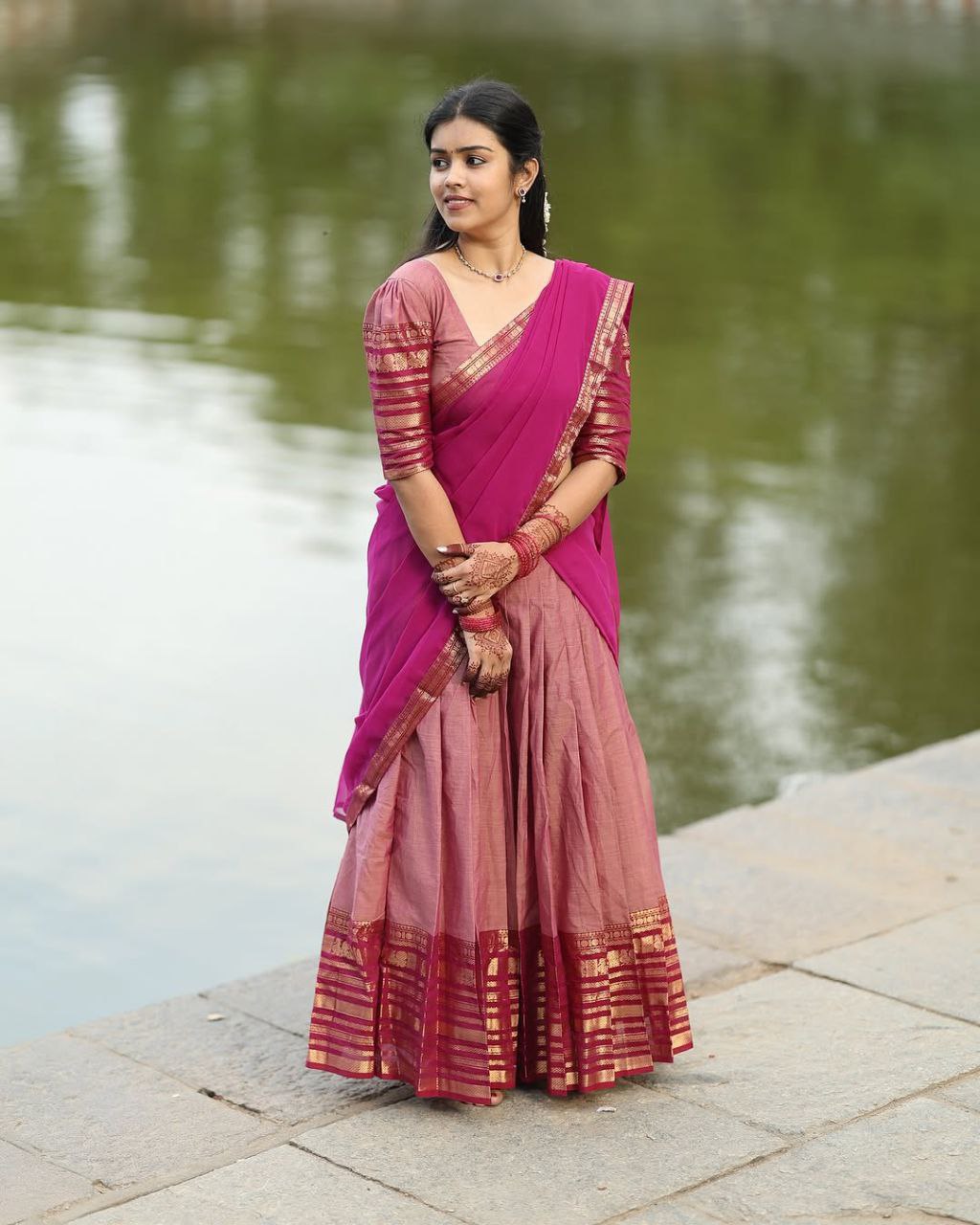Dusty Rose Pink Kanjivaram Silk Half Saree with Traditional Gold Zari Weaving Work