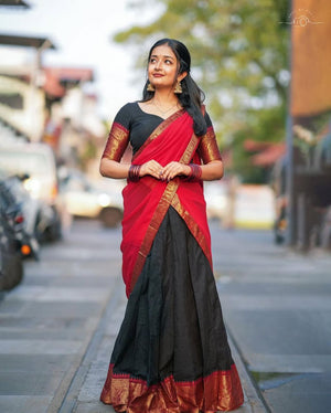 Midnight Black Kanjivaram Silk Half Saree with Gold Zari Weaving by The Beauty Queen Surat