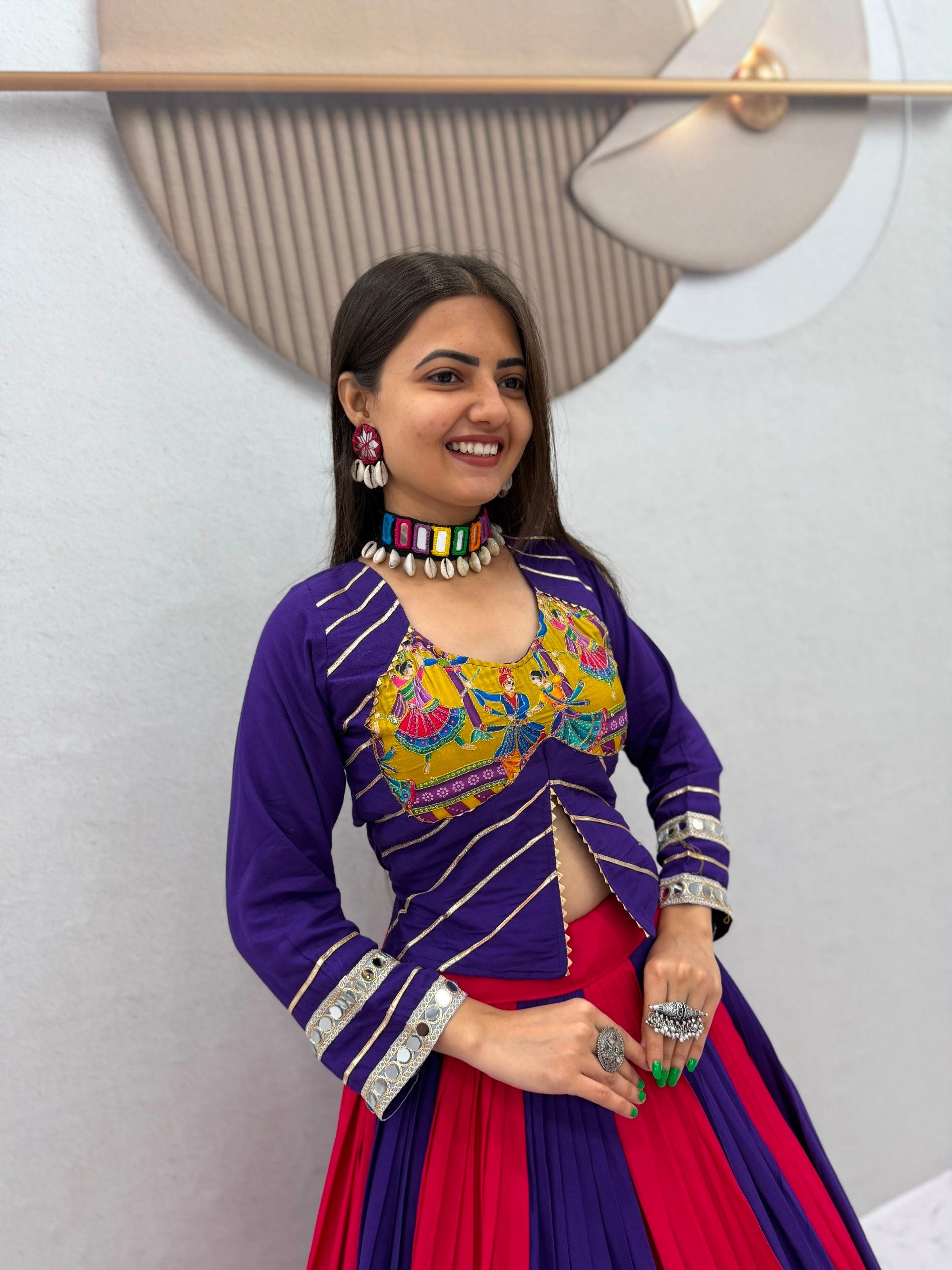 Purple & Pink Rayon Cotton Real Mirror Work Position Print Navratri Chaniya Choli Set