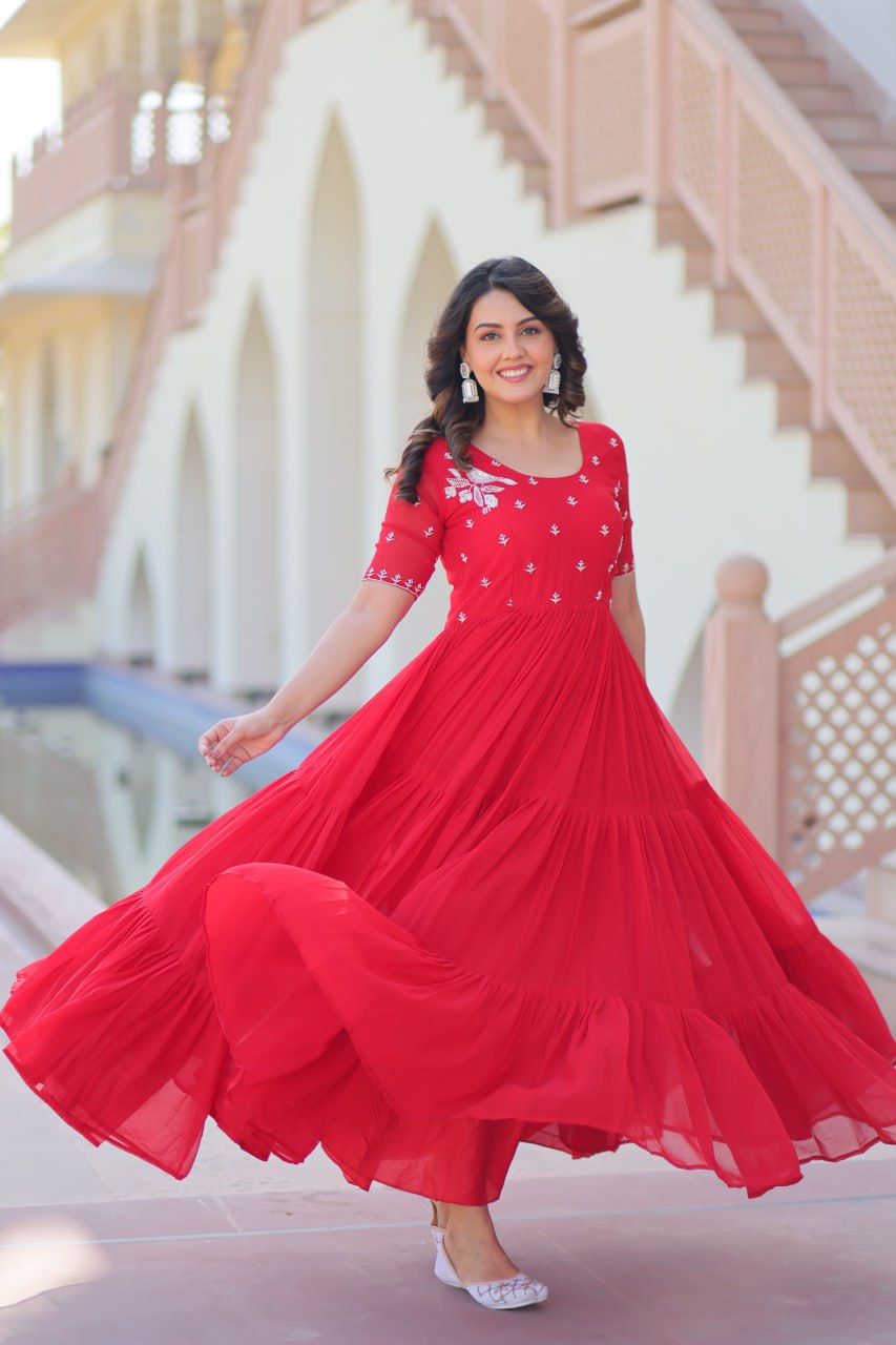 Red Faux Blooming Designer Round Neck Embroidery Work Gown