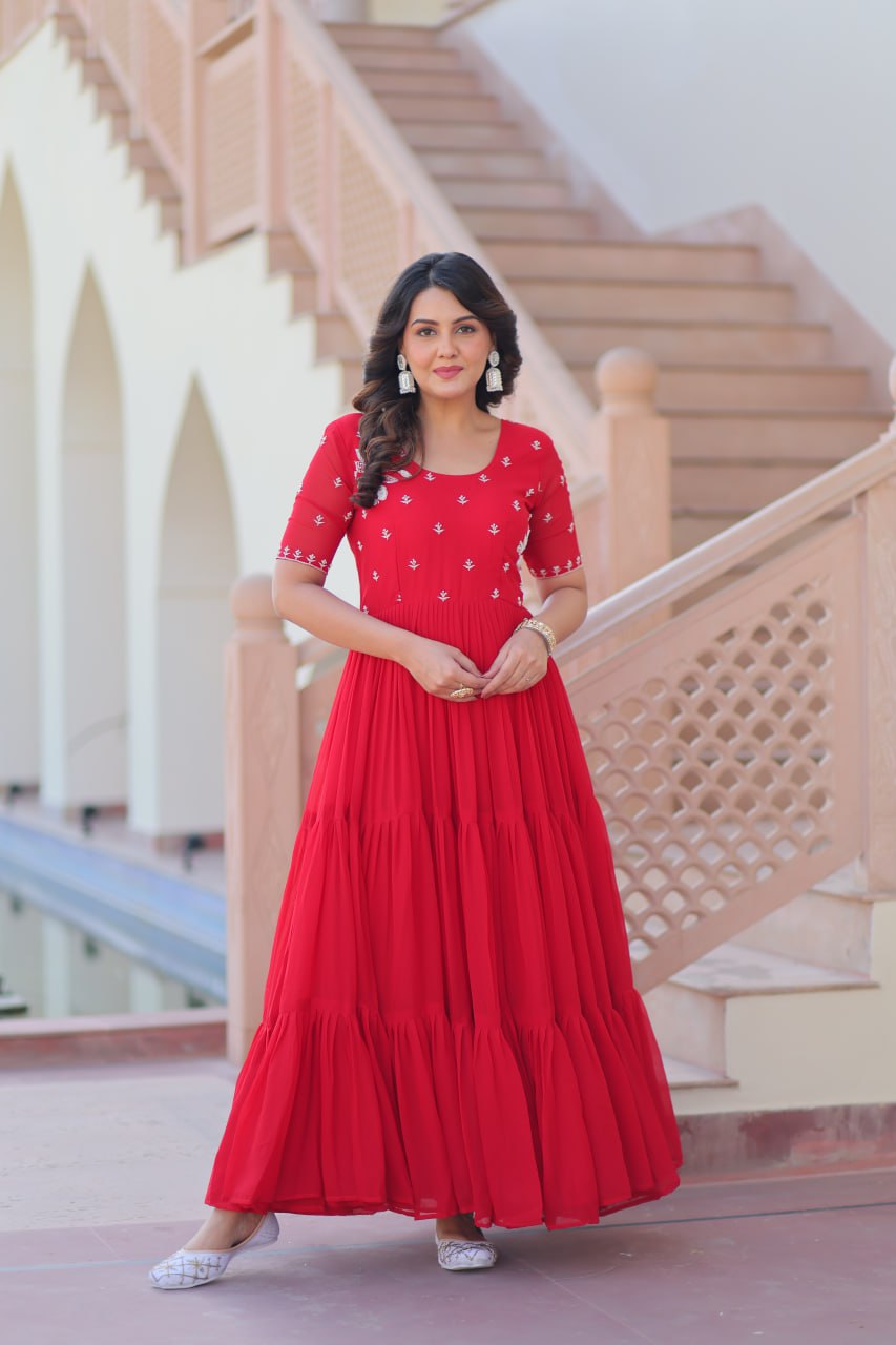Red Faux Blooming Designer Round Neck Embroidery Work Gown