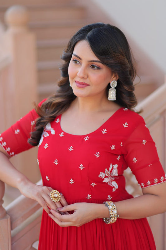 Red Faux Blooming Designer Round Neck Embroidery Work Gown