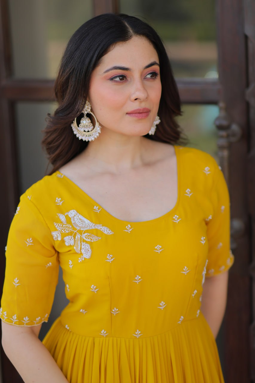 Yellow Faux Blooming Designer Round Neck Embroidery Work Gown