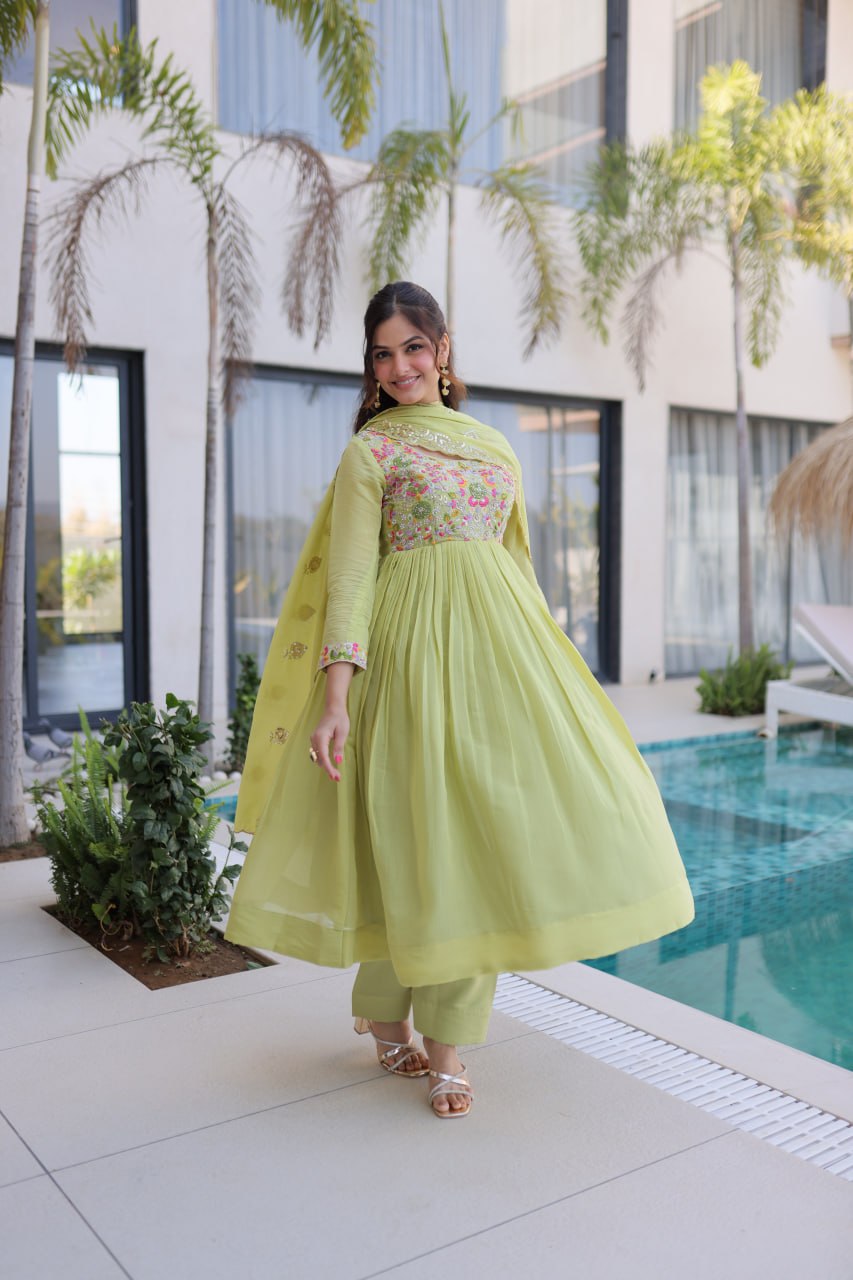 Pista Green Mal Chanderi Suit | Floral Beads Embroidery | The Beauty Queen