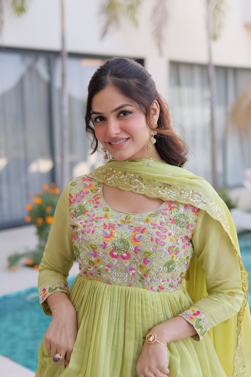 Pista Green Mal Chanderi Anarkali Suit with Multicolored Beads Embroidery