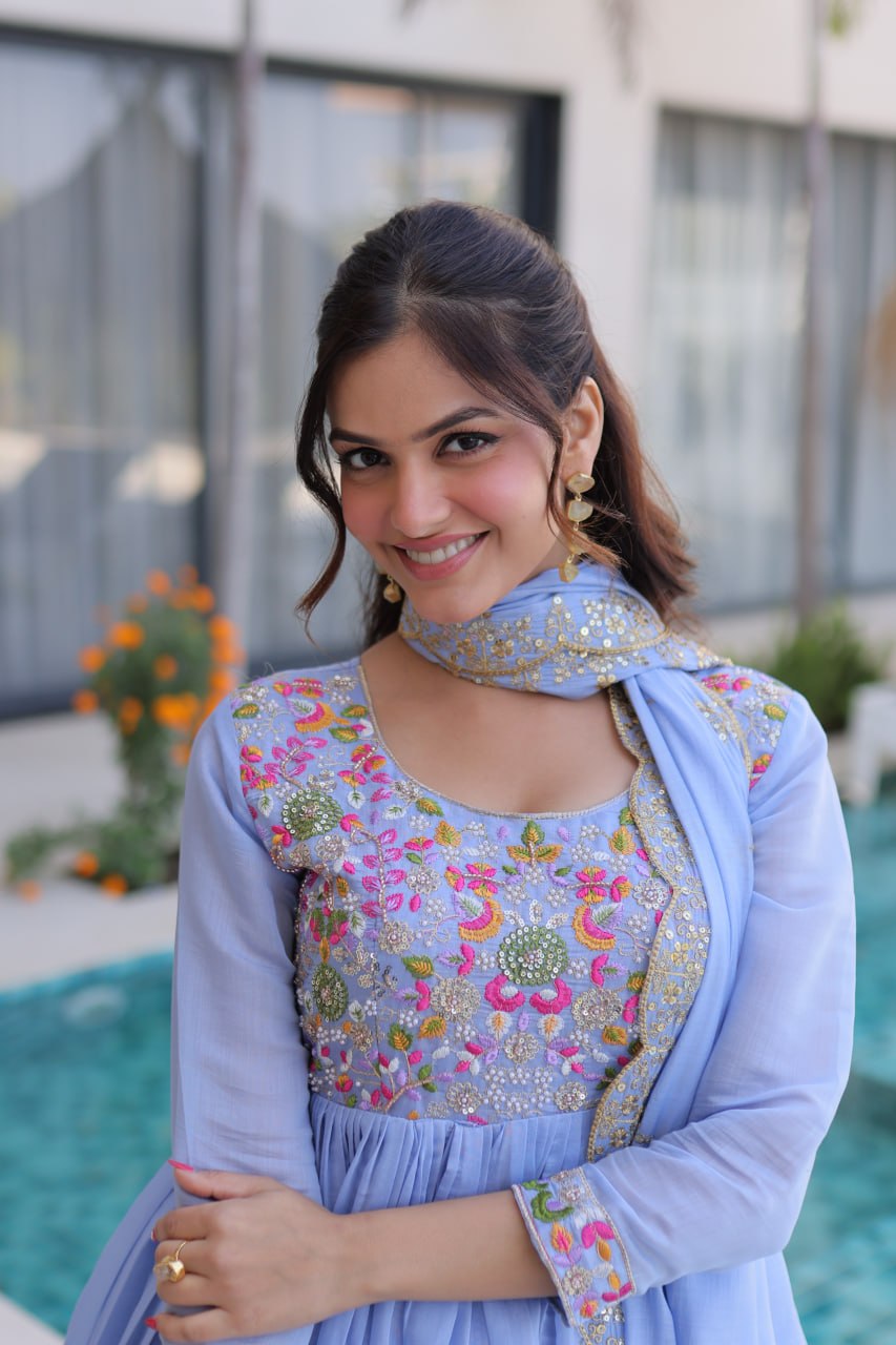 Sky Blue Mal Chanderi Anarkali Suit with Multicolored Beads Embroidery