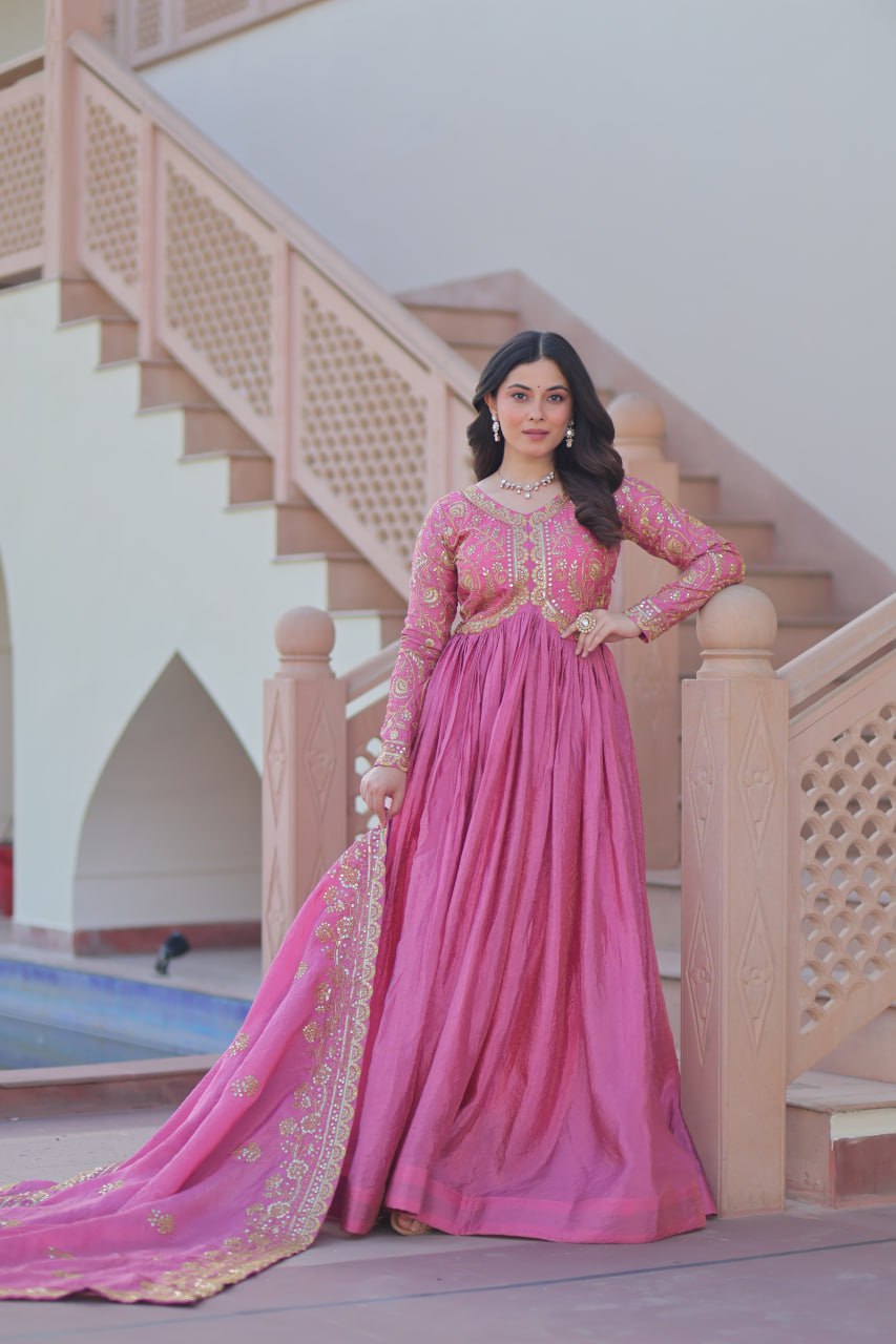 Pink Gold Crush Fabric With Sequins Embroidered Work Gown