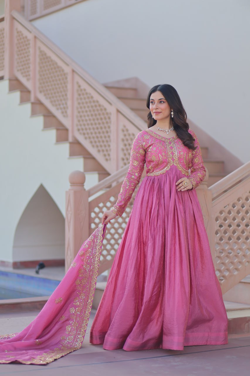 Pink Gold Crush Fabric With Sequins Embroidered Work Gown