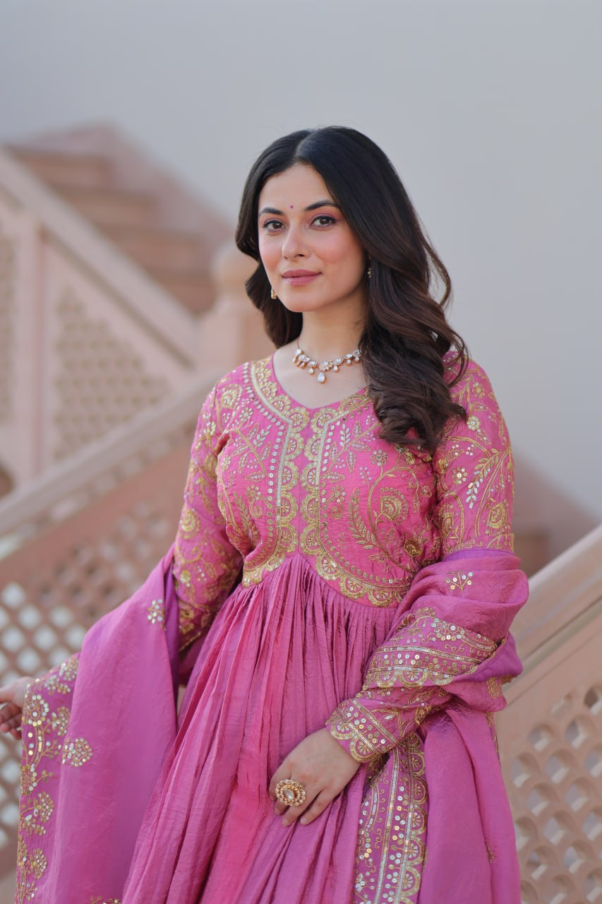 Pink Gold Crush Fabric With Sequins Embroidered Work Gown