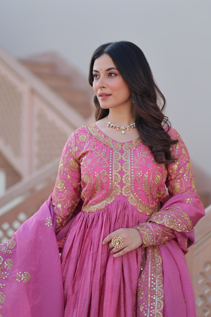 Pink Gold Crush Fabric With Sequins Embroidered Work Gown