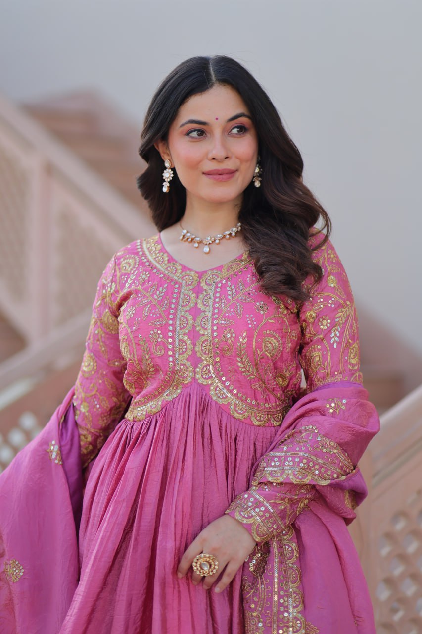 Pink Gold Crush Fabric With Sequins Embroidered Work Gown