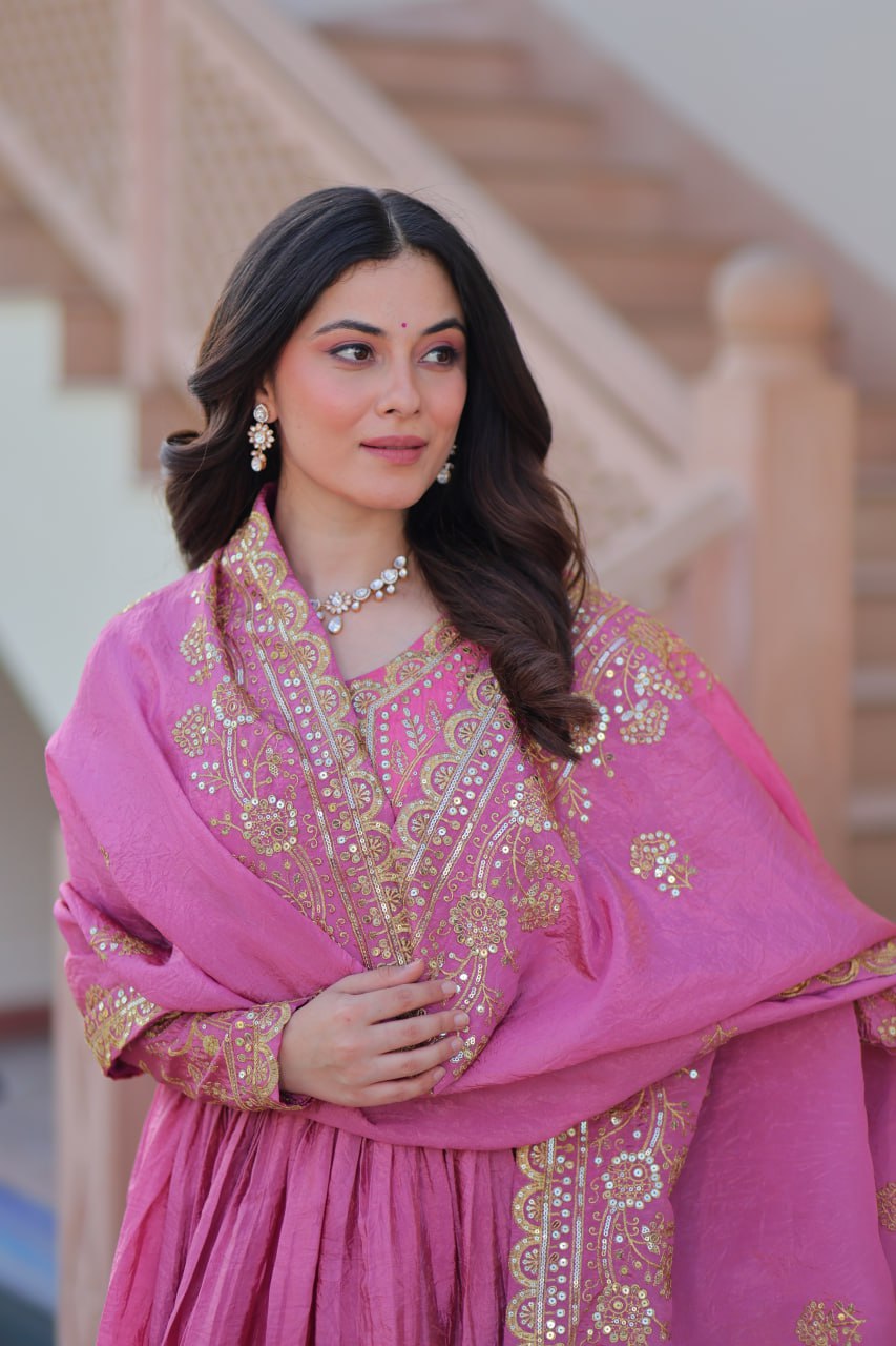 Pink Gold Crush Fabric With Sequins Embroidered Work Gown
