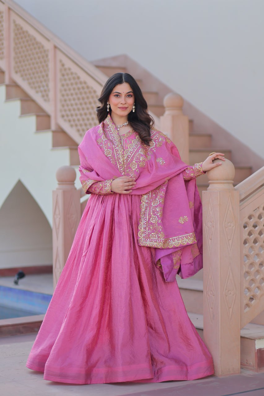 Pink Gold Crush Fabric With Sequins Embroidered Work Gown