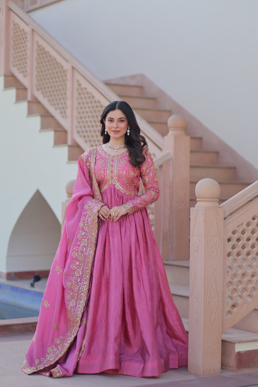Pink Gold Crush Fabric With Sequins Embroidered Work Gown
