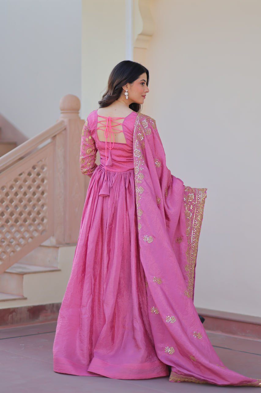 Pink Gold Crush Fabric With Sequins Embroidered Work Gown