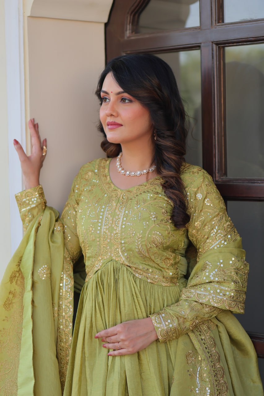 Green Gold Crush Fabric With Sequins Embroidered Work Gown