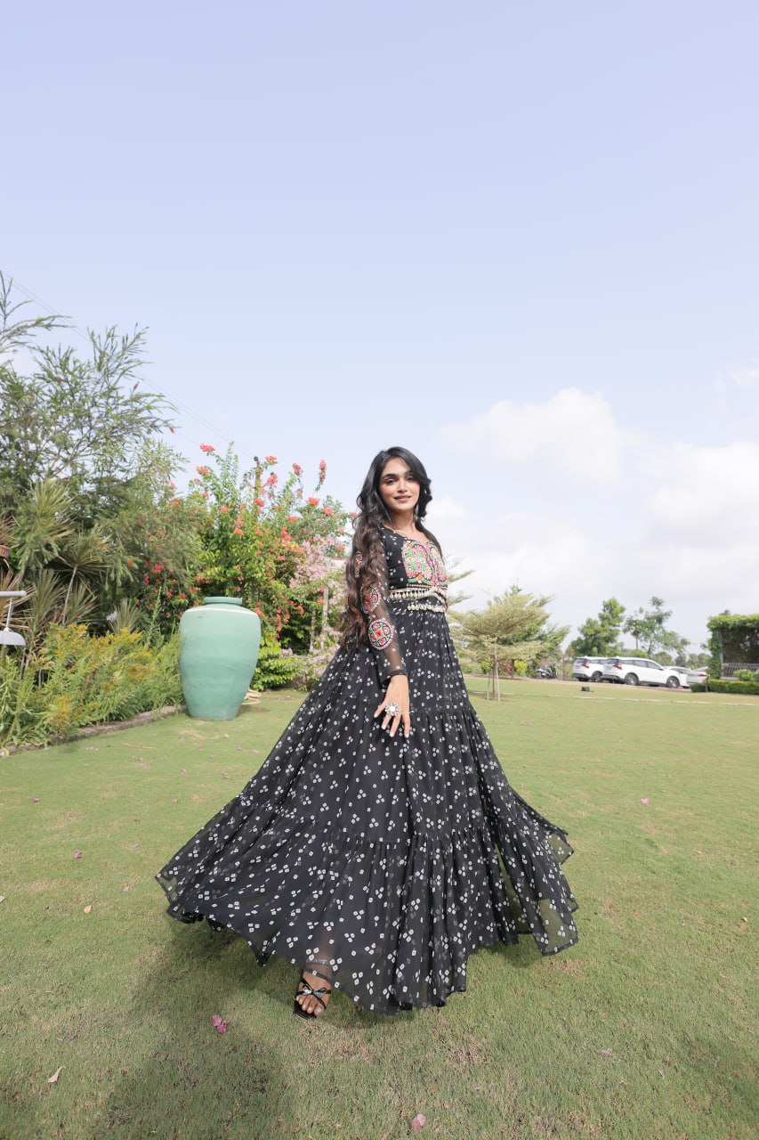 Navratri Black Bandhani Printed Faux Georgette Anarkali Dress with Kutchi Patchwork & Shell Detailing