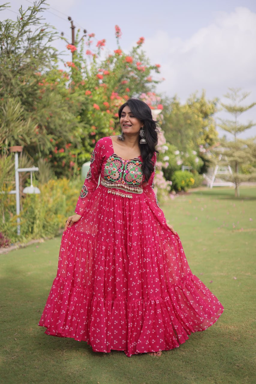 Navratri Rani Pink Bandhani Printed Faux Georgette Anarkali Dress with Kutchi Patchwork & Shell Detailing