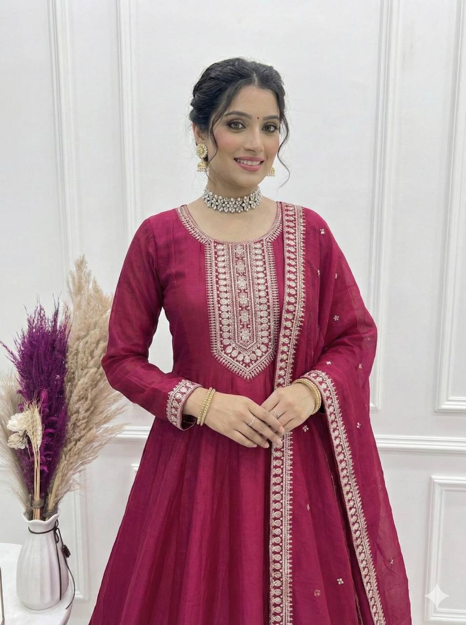 Dark Pink Pure Vichitra Silk Fabric Fully Flare Anarkali Gown