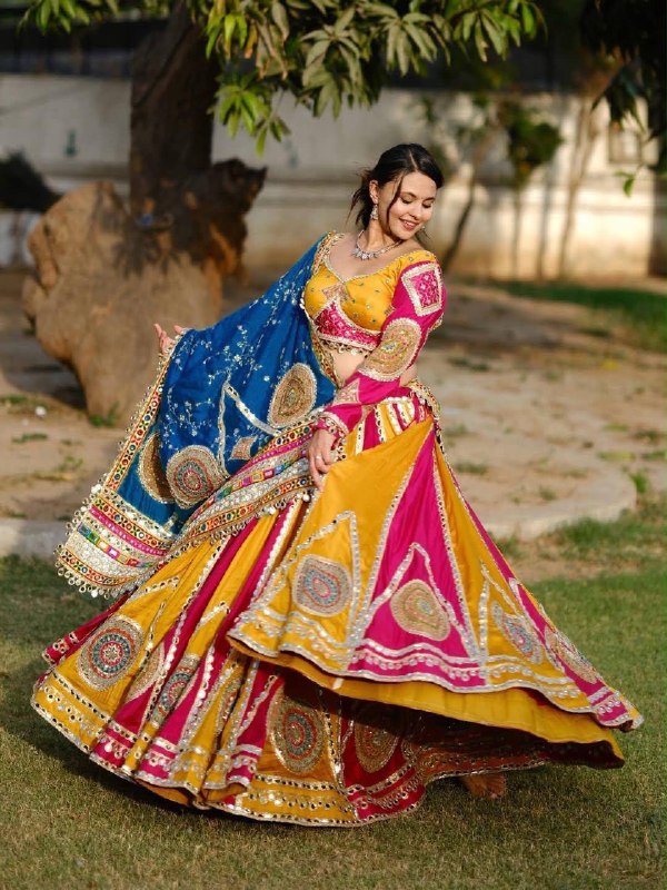 Mustard Yellow & Rani Pink Heavy Muslin Cotton Real Mirror Work Navratri Chaniya Choli Set With Peacock Blue Dupatta