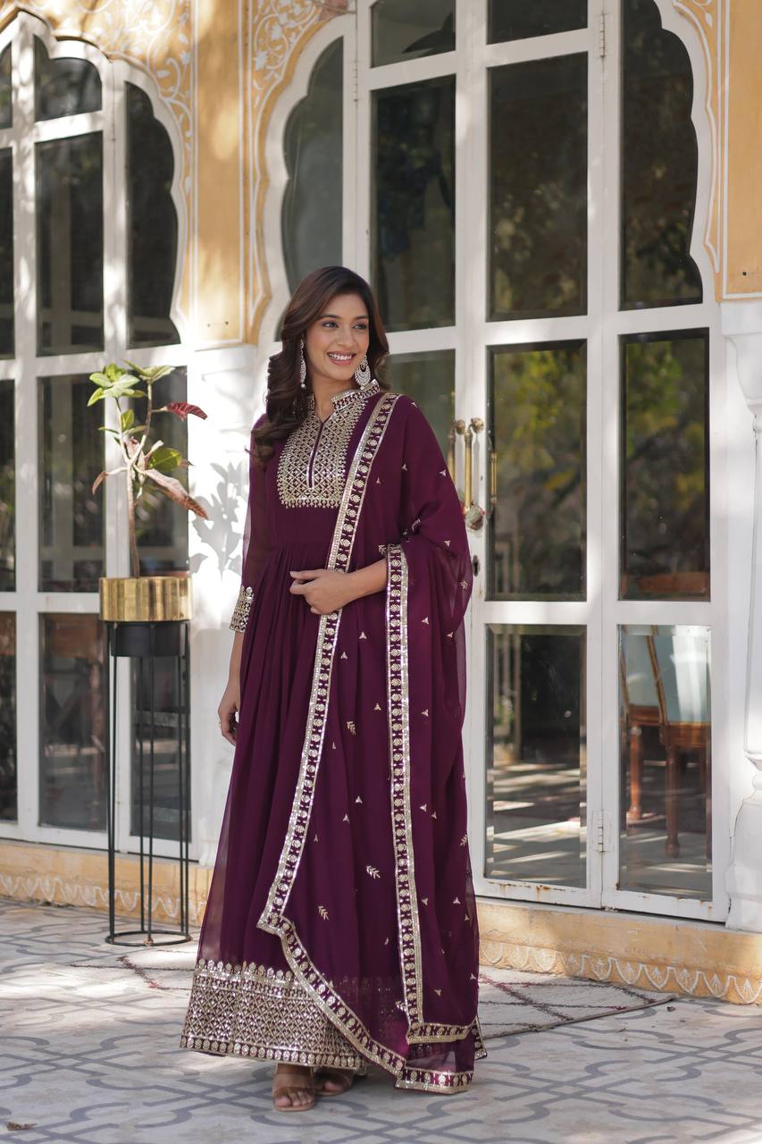 Wine Faux Blooming Georgette With Rich Sequins Embroidered Work Gown