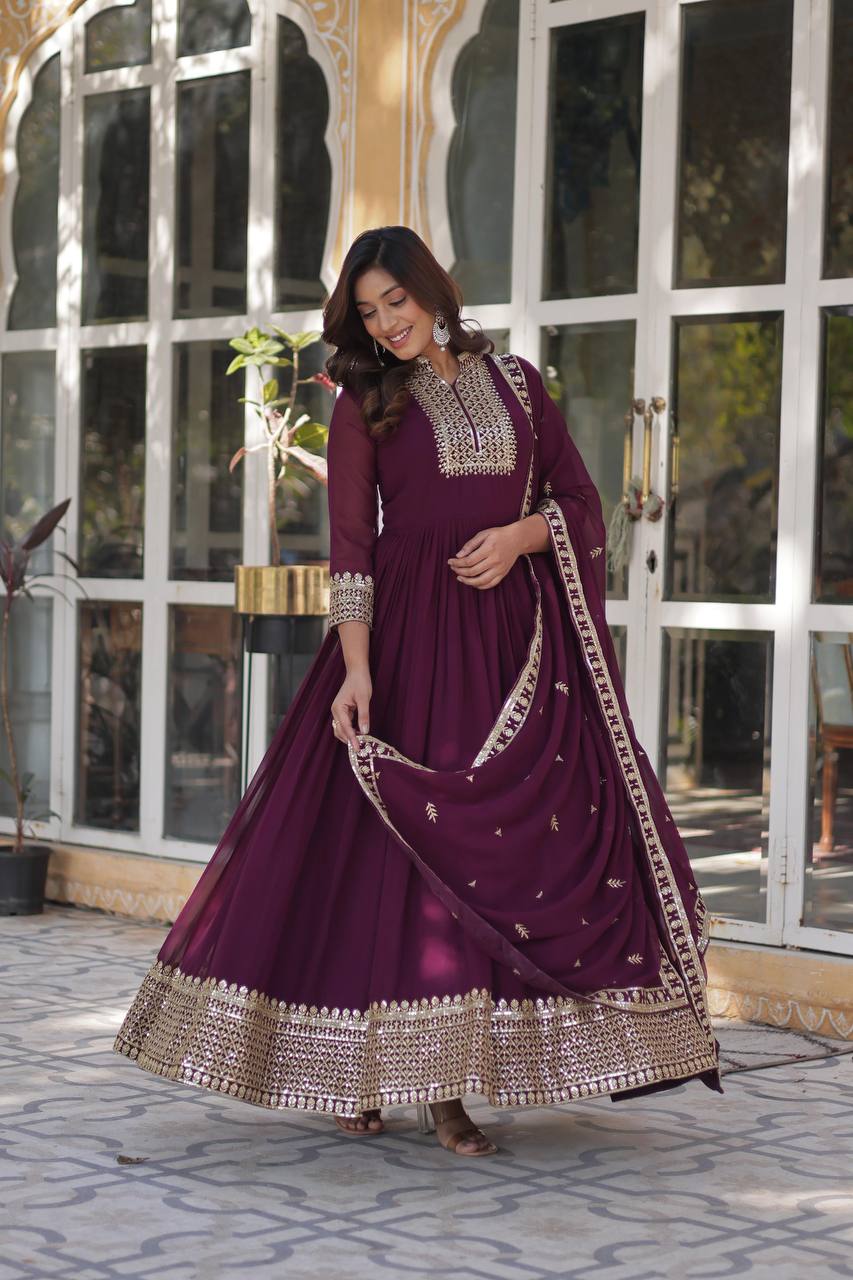 Wine Faux Blooming Georgette With Rich Sequins Embroidered Work Gown