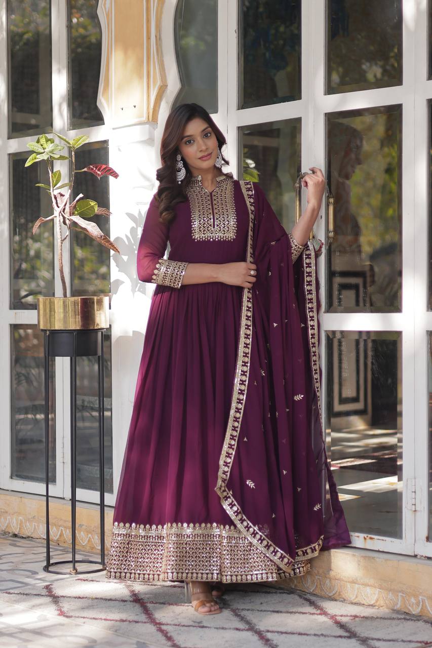 Wine Faux Blooming Georgette With Rich Sequins Embroidered Work Gown