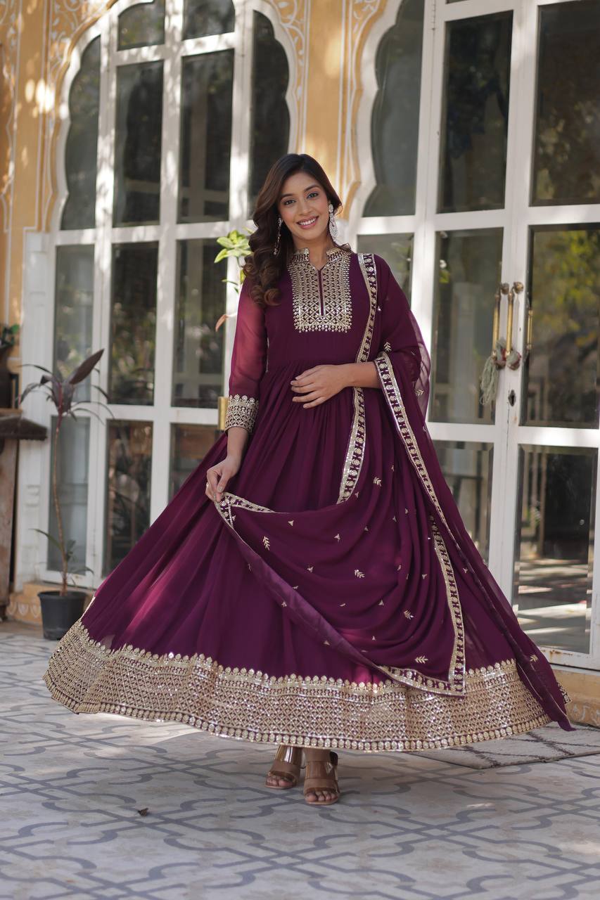 Wine Faux Blooming Georgette With Rich Sequins Embroidered Work Gown