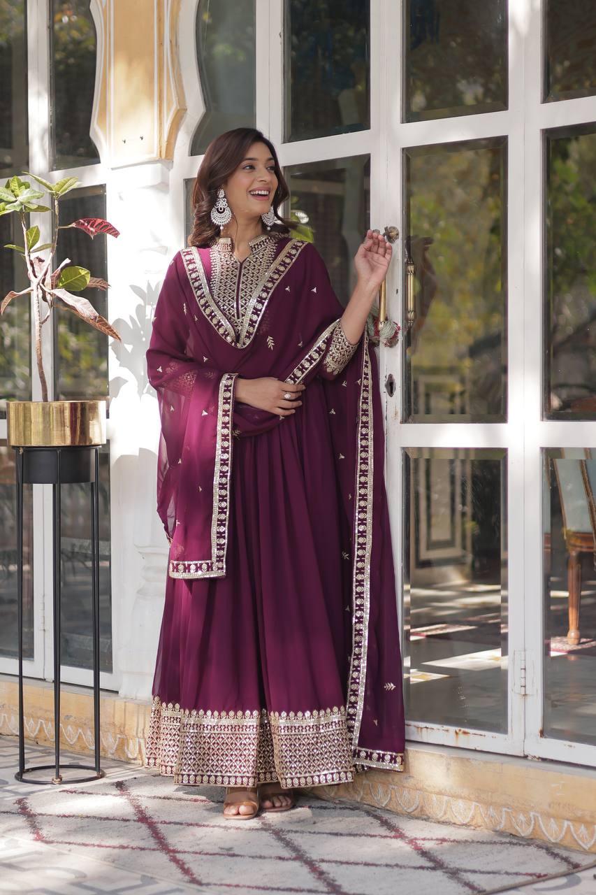 Wine Faux Blooming Georgette With Rich Sequins Embroidered Work Gown