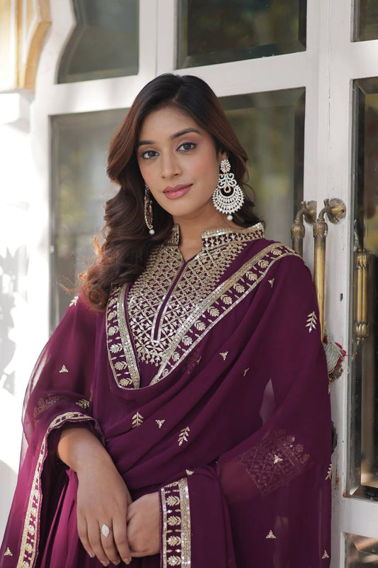 Wine Faux Blooming Georgette With Rich Sequins Embroidered Work Gown