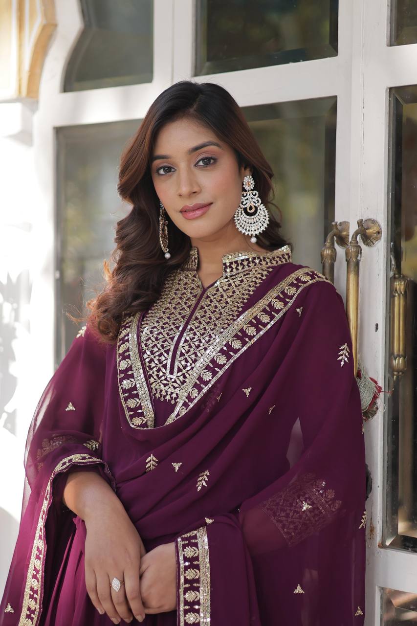Wine Faux Blooming Georgette With Rich Sequins Embroidered Work Gown