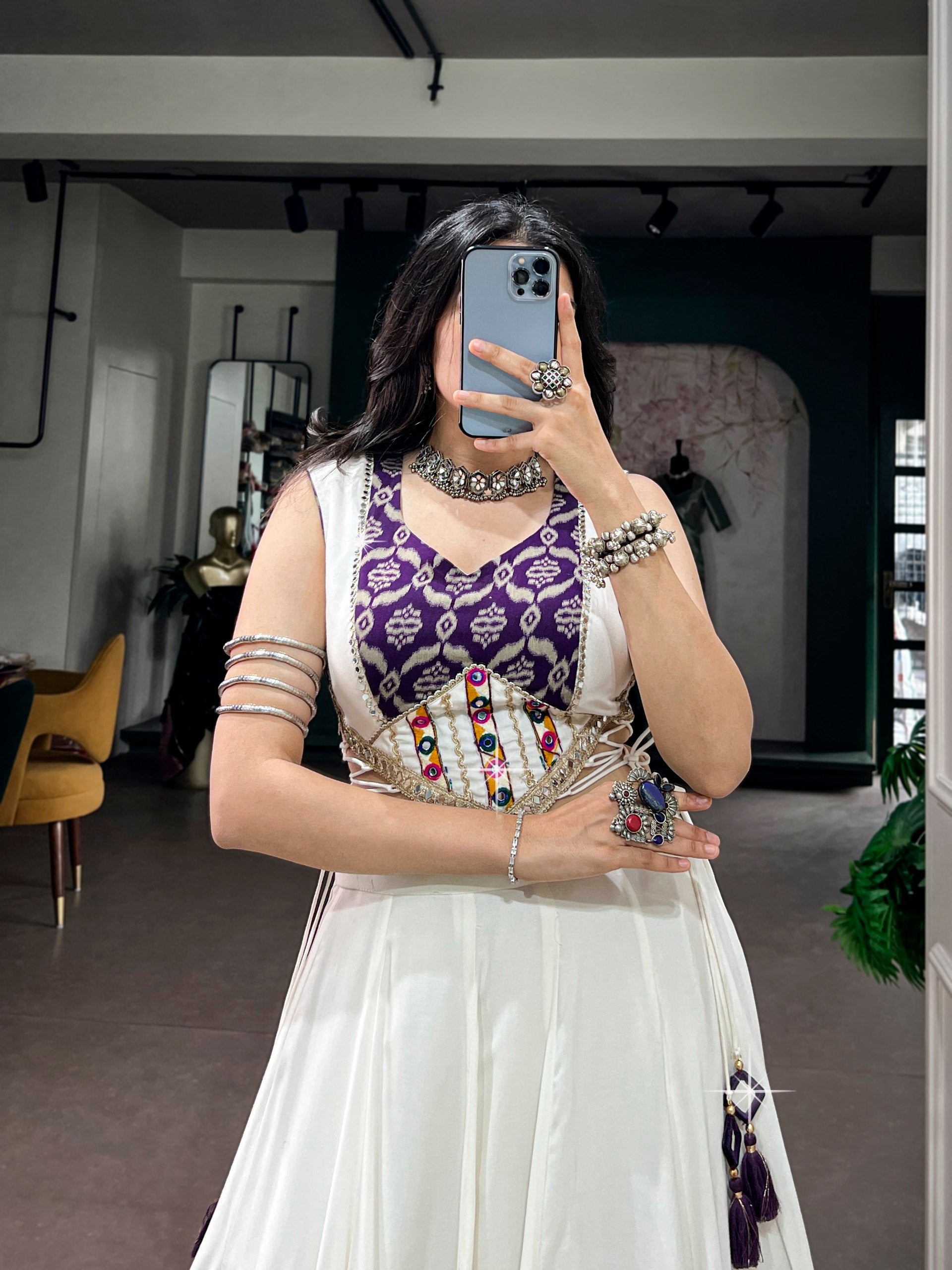Off-White & Purple Pure Rayon Elegance Enhanced With Heritage Prints And A Beautifully Crafted Gamthi Mirror Lace Blouse Navratri Chaniya Choli Set