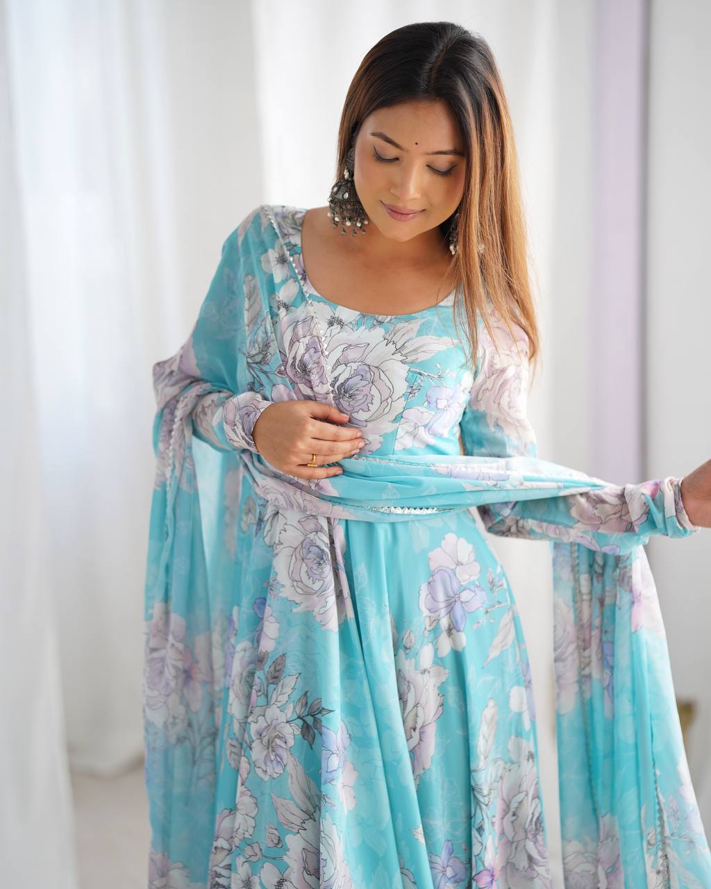 Sky Blue Fox Georgette Anarkali Duppta Full Set Ready To Wear Gown
