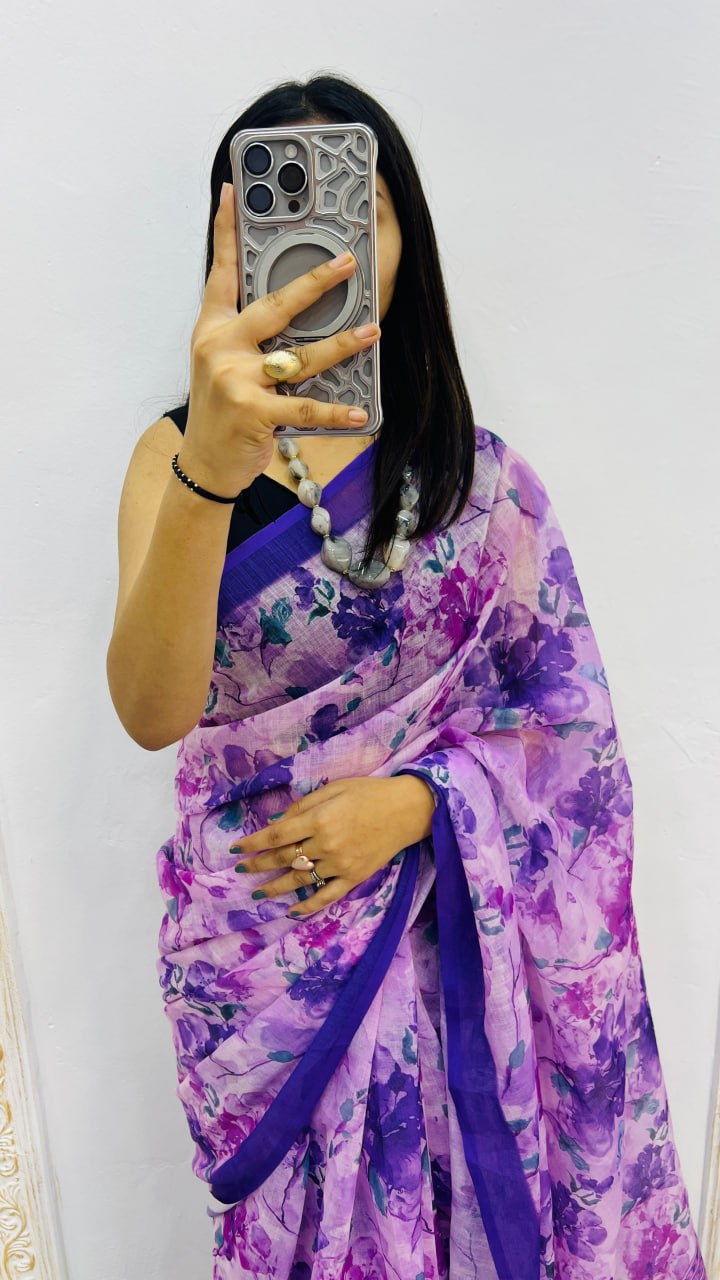 Blue Premium Lilan Cotton Beautiful Floral Lotus Print Saree