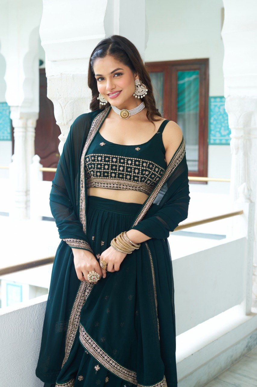 Bottle Green Fox Georgette Lehenga Choli – Heavy Multi-Thread & Sequence Embroidery Work