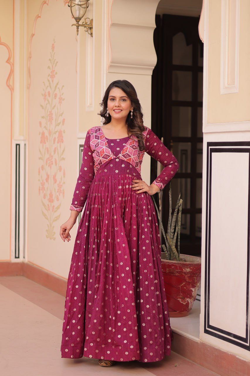 Wine Staple Jequard Weaving Work Gown