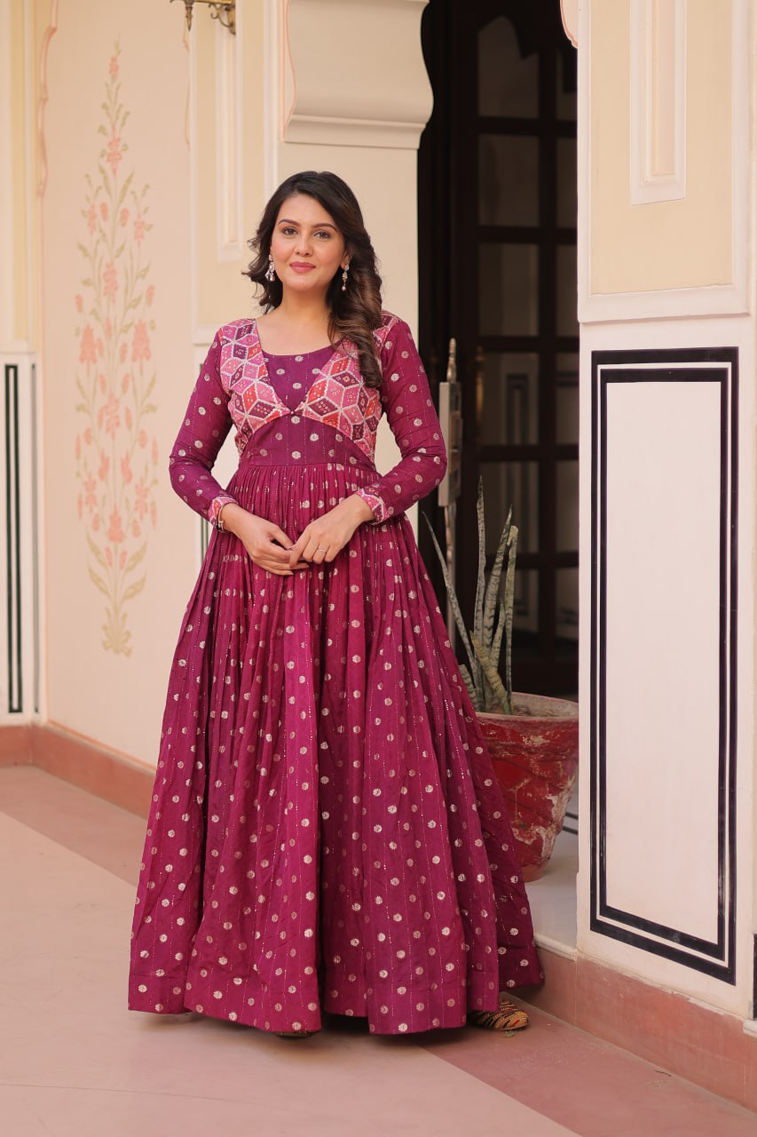 Wine Staple Jequard Weaving Work Gown